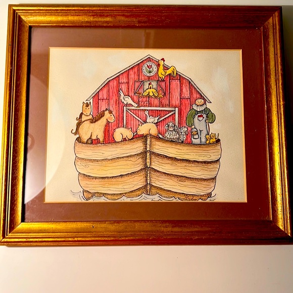 Other - 11 1/2 x13 1/2 framed matted pencil and ink drawing of Noah’s ark